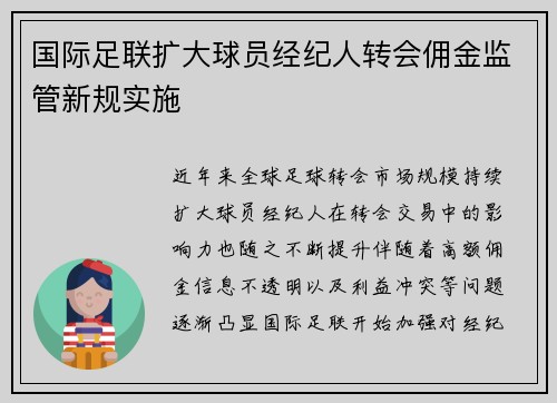 国际足联扩大球员经纪人转会佣金监管新规实施